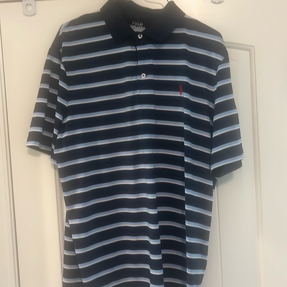 Polo Ralph Lauren navy stripe polo. Performance fabric. Size L